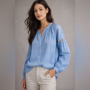 Jupe by Jackie Hand-Embroidered Blue Cotton Blouse Size M